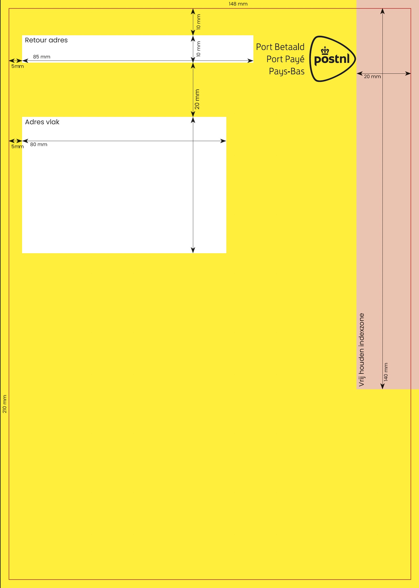 Werkbestand A5 staand met maatvoering: retouradres 85 x 10 mm linksboven, adresvlak 80 x 50 mm linksboven op 5 mm van links en 40 mm van boven, indexzone 20 x 140 mm langs de rechterrand, frankeerzone rechtsboven